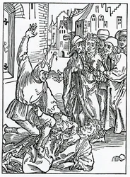 O brekynge a painynge amytu a frendshypu, ilustrace z anglického překladu Alexandra Barclaye „The Ship of Fools“, z vydání vydaného v roce 1874