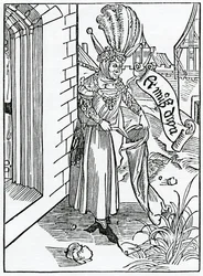 O aroganci a hrdosti hrubých mužů v zemi, ilustrace od Alexandra Barclayse v anglickém překladu „Loď bláznů“, z vydání vydaného v roce 1874