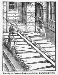 Varhanní měchy a dmychadla v katedrále v Halberstadtu, z knihy Praetorious Syntagma Musicum, vydané v roce 1619