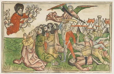 Lidé Izraele potrestaní za uctívání falešných bohů kolem roku 1478, z The Koberger Bible, Norimberk, 1483 (ručně kolorovaný dřevoryt)