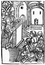 Portrét Alberta Magnuse s některými jeho žáky, ilustrace k titulní straně Epitomata, reparace nebo celá přírodní filozofie Aristotela. od Gerarduse de Harderwyck, zveřejněno 14
