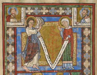Fragment žaltáře "Žaltář Jindřicha Lva", f.7v, detail se Zvěstováním, c. 1168-89 (pergamenový kodex)