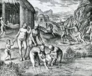 Quibus remediis contra morbos utantur Indiani, ilustrace převzatá z knihy "Pars Decima Americae" vydané Hieronymousem Gallerem.