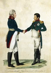 Setkání Napoleona (1769-1821) a cara Alexandra I. (1777-1825). (Setkání Napoleona a Alexandra I.). Anonymní práce, rytina a akvarel