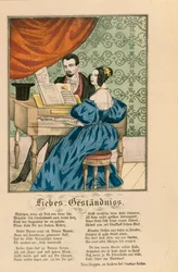 Scéna zobrazující pár u klavíru, pod nímž je napsána milostná báseň, z Neuruppiner Bilderbogen, 1850
