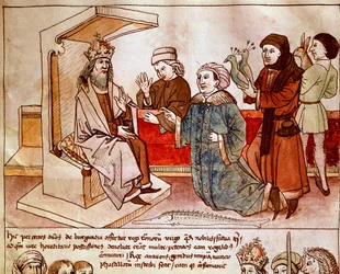 Zikmund I. Lucemburský (1368-1437), císař Svaté říše, přijímá hold podřízených národů. Miniatura z „Kroniky kostnického koncilu“ od Ulricha Richentala (1360-1437) 1438 přibližně Praha, národní knihovna