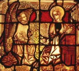 Okno z barevného skla zobrazující Zvěstování, německy, kolem roku 1450