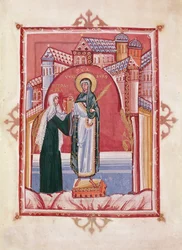Abatyše Hilda přináší evangelium svaté Walburze