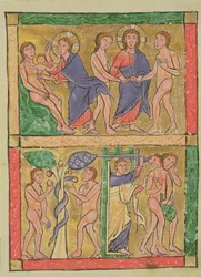 Stvoření, svatba, pokušení a vyhnání Adama a Evy, 1200 (wc na pergamenu)