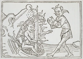 Ďábel Belial před branami pekla, z Das Buch Belial, vydané v Augsburgu, 1473