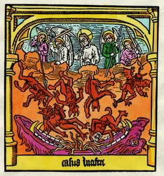 Pád Lucifera a rebelských andělů, ilustrace z kopie ‚Biblia Pauperum‘