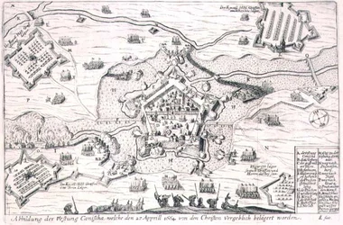 Pevnost Canischa marně obležená křesťany v roce 1664, ilustrace z knihy o osmanských taženích v Evropě, rytina Paula Fursta (asi 1605-66) (rytina)