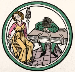 Čtyři temperamenty: Melancholická (smutná a depresivní) xylografie, Augsburg 1480