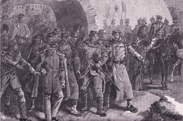 Francouzská armáda opouštějící Metz, Cassells Historie války mezi Francií a Německem vydaná Cassell and Company Limited, kolem roku 1890 (litho)