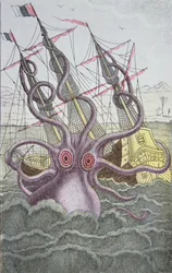 Kraken táhne dolů loď (barevná rytina)