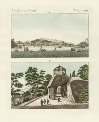 Portugalská kolonie Macao v Číně (barevná rytina)