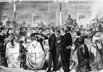 Zkouška učňů v Tonhalle v Berlíně komisí kadeřnického průmyslu dne 3. května 1881