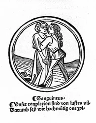Čtyři temperamenty: krev (vřelá a laskavá). Xylografie, Augsburg 1480.