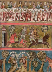 Tři scény z Parsifala od Wolframa von Eschenbach (asi 1230) faksimile z rukopisu ze 13. století