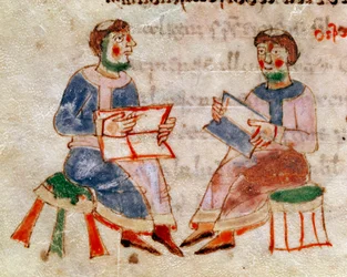 Dva mniši diskutující nebo miniaturní scéna kurzu převzatá ze svazku "de Gymnasium" v "De Universo" (nebo De rerum naturis (De la Nature des Chooses)) (cod. 132) od Rabana Maura Magnentia (nebo Rabana Maura nebo Rabana Maura) (cca 780-856). 9. století. A