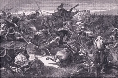Uhlan attack, Cassells History of the War between France and Germany vydané Cassell and Company Limited, kolem roku 1890 (litho)