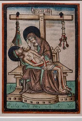 Vesperbild (Nářek), akvarelový dřevoryt německého rytce, kolem 1450. Na kříži visí symboly Kristova umučení.