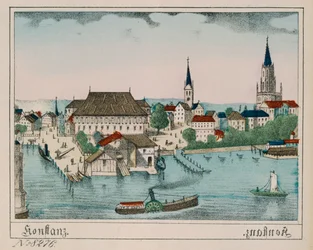 Pohled na Kostnici s přístavem, Konzilem a katedrálou, z Neuruppiner Bilderbogen, 1830