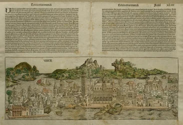 Pohled na Benátky, ilustrace z Liber Chronicarum od Hartmanna Schedela (1440-1514) vydaného v Norimberku, 1493