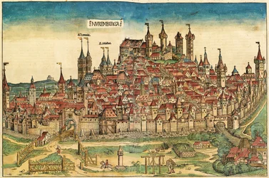 Pohled na město Norimberk, publikovaný v Norimberské kronice, 1493