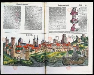 Pohled na město Kolín nad Rýnem z Norimberské kroniky od Hartmanna Schedela, 1493 (barevná dřevorytina)