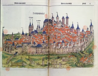 Pohled na město Norimberk z Norimberské kroniky od Hartmanna Schedela (1440-1514) 1493 (barevný dřevoryt)