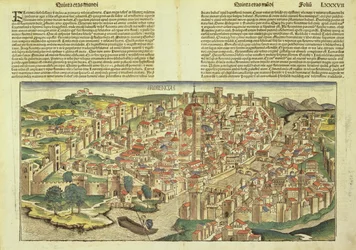 Pohled na opevněné město Florencie, z Norimberské kroniky od Hartmanna Schedela (1440-1514) 1493