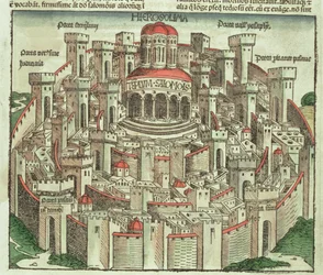 Pohled na opevněné město Jeruzalém ukazující Šalamounův chrám a městské brány z Norimberské kroniky od Hartmanna Schedela (1440-1514) 1493