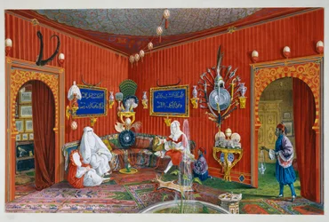 Orientální pokoj ve vile Lazarovich, rezidence Maxmiliána Habsburského v Terstu (1832-1867), tempera od Germana Prosdocimiho