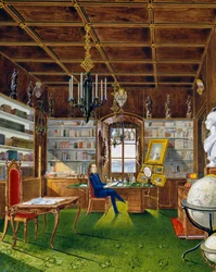 Knihovna ve vile Lazarovich, rezidence Maxmiliána Habsburského v Terstu (1832-1867), tempera od Germana Prosdocimiho