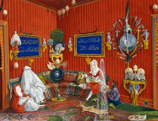 Orientální pokoj ve vile Lazarovich, rezidence Maxmiliána Habsburského v Terstu (1832-1867), tempera od Germana Prosdocimiho