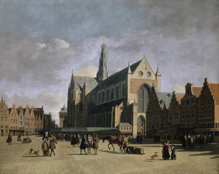 Pohled na náměstí Grote Markt a kostel Grote Kerk neboli St.-Bavokerk v Haarlemu