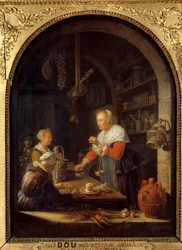 Hokynář z vesnice (s portrétem malíře v pozadí) Obraz Gerarda Dou (1613-1675) 1647 Ne. 0,38 x 0,29 m
