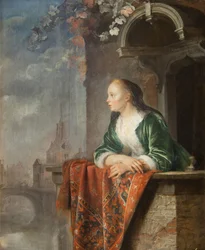 Mladá žena na balkóně - Mladá žena na balkóně - Gerard (Gerrit) Dou (1613-1675). Olej na plátně, cca 1665. Národní galerie, Praha