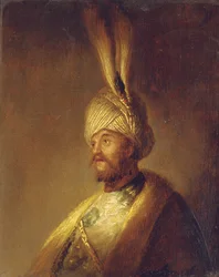 Portrét muže, po poprsí, v turbanu s pérem