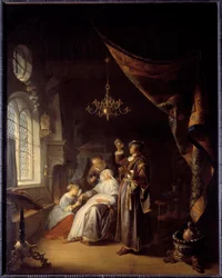 Vodnatelní žena. Lékař zkoumá moč ženy s vodnatelností. Obraz Gerarda Doua (1613-1675). Ec. Hol