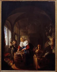 Myš. Dítě ukazuje své matce past na myši. Obraz Gerarda Dou (1613-1675), Hol.