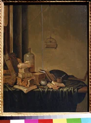 Zátiší s knihami. Malba Gerrita van Vuchta (1600 nebo 1620-cca 1697). Olej na dřevě, 34 x 28 cm. Nizozemská škola 17. století. Puškinovo muzeum výtvarných umění, Moskva.