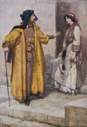 Shylock jí dal své klíče a vyzval ji, aby hlídala dům, ilustrace z „Kupce benátského“ v „Příběhy ze Shakespeara: Převyprávěný Thomasem Carterem“, publikované kolem roku 1910 (barevné litho).
