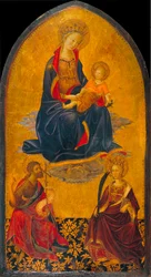 Klanění Panny Marie s dítětem od svatého Jana Křtitele a svaté Kateřiny - Klanění Panny Marie s dítětem od svatého Jana Křtitele a svaté Kateřiny - obraz Gherarda Starniny (asi 1364-1413) - konec 14. stol. - Tempera na panelu -