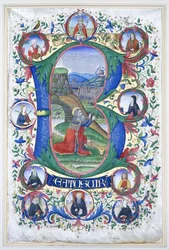 Král David při modlitbě uvnitř velmi velké iniciály „B“, kolem deseti velkých kruhů, z nichž každý obsahuje portrét světce, kolem roku 1500