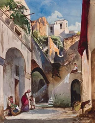 Domy na Costieře Sorrentinského poloostrova, s doplňky princezny Marie Annunziaty di Borbone (1843-1871), 1853 (tužka, wc a kvaš na papíře)