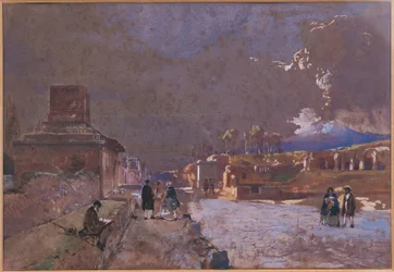 Itálie, Ulice hrobek v Pompejích (akvarel)