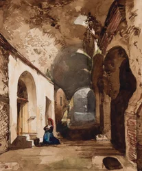Žena modlící se u klenuté svatyně v amfiteátru v Pozzuoli, s dodatky kněžny Marie Annunziaty di Borbone (1843-1871) (tužka, čb a kvaš na papíře)