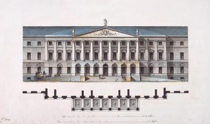 Projekt Smolného ústavu. Hlavní fasáda a půdorys přízemí, 1806-1808